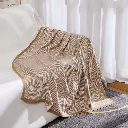 Camel Color Greek Meander Pattern Geometric Knit Throw Blanket