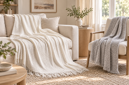 SoftHaven white pearl stitch and grey waffle weave throw blankets in a neutral living room